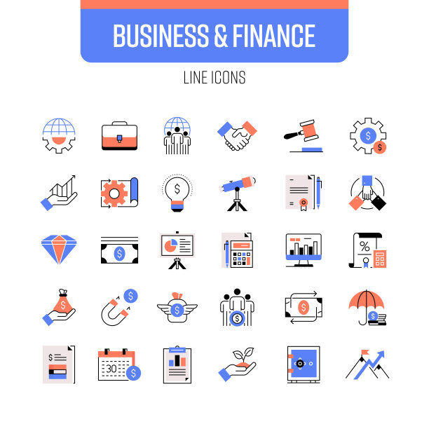 业务和财务线图标集。团队合作，合同，战略，财务，领导力图片下载
