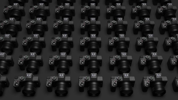 照相机，世界摄影日。桌上有很多数码相机。三维渲染图片下载