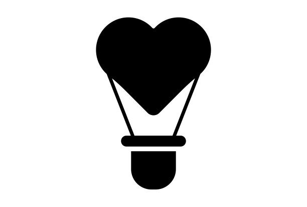 热气球扁平图标，情人节黑色字形标志图片下载