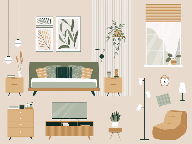 卧室的一套元素与床，枕头，图片，灯，床头柜，豆袋，电视，胸部。日式或斯堪的纳维亚风格的现代卧室。矢量内部背景图片下载