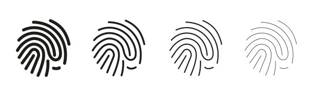 指纹识别集合向量。独特的拇指图标和ID线印记的手指。生物特征识别。图片下载
