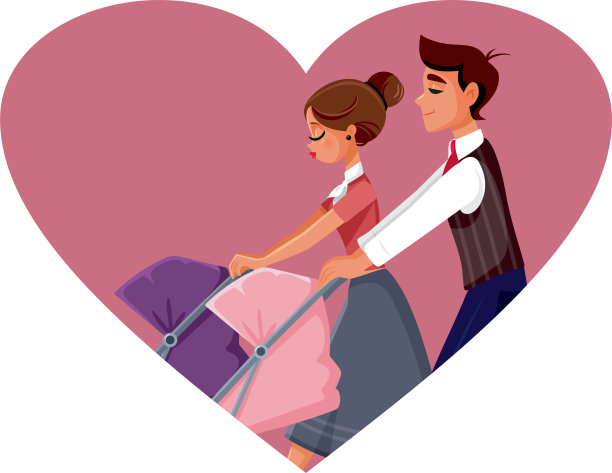 快乐的父母推婴儿车矢量卡通插图图片下载