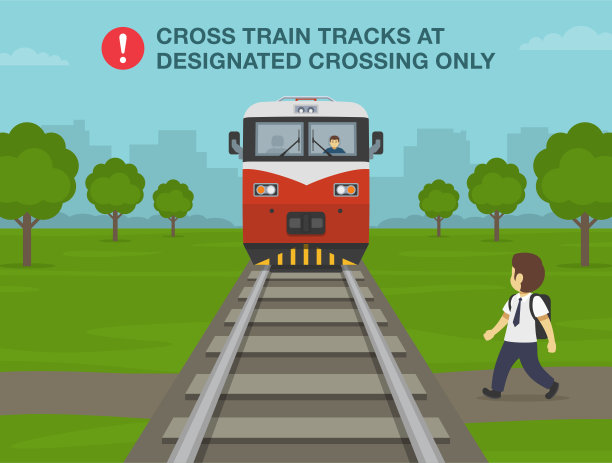 铁路安全规则和提示。在指定的道口横过列车轨道，只有警告设计。男小学生要过铁路了。图片下载