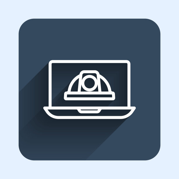 白线工人安全帽图标与长阴影背景隔离。蓝色方形按钮。向量图片下载