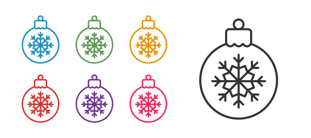 设置线圣诞球图标孤立的白色背景。圣诞快乐，新年快乐。设置图标彩色。向量图片下载