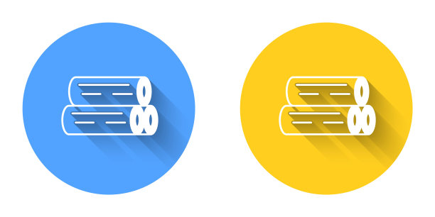 白色原木图标孤立的长阴影背景。一堆柴火。圆按钮。向量图片下载