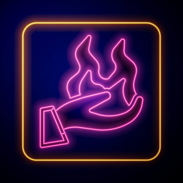 发光的霓虹灯手拿着一个火图标孤立在黑色背景。向量图片下载