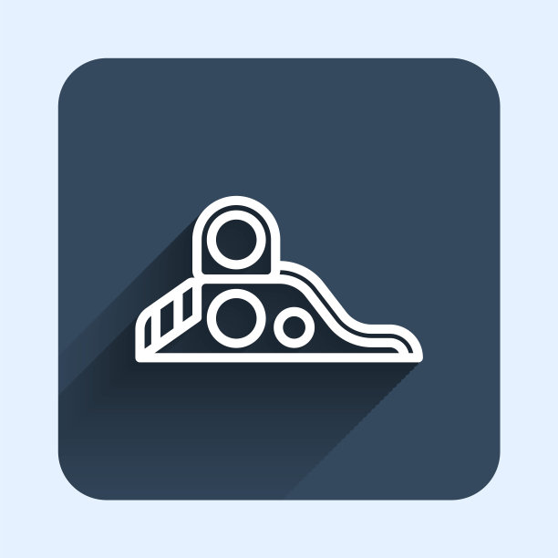 白线滑操场图标孤立与长阴影背景。儿童幻灯片。蓝色方形按钮。向量图片下载