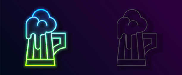 发光的霓虹灯线木制啤酒杯图标孤立的黑色背景。向量图片下载