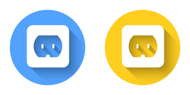 白色电源插座图标与长阴影背景隔离。电源插座。玫瑰的象征。圆按钮。向量图片下载