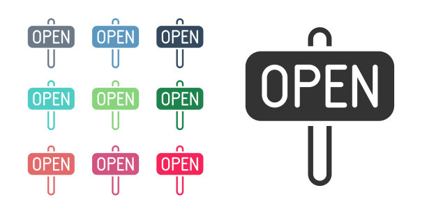黑色悬挂标志，文字开门图标孤立在白色背景上。设置图标彩色。向量图片下载