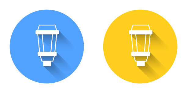 白色花园灯图标与长阴影背景隔离。太阳能灯。灯笼。路灯。圆按钮。向量图片下载