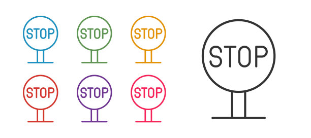 设置线停止标志图标孤立的白色背景。交通法规警告停车标志。设置图标彩色。向量图片下载