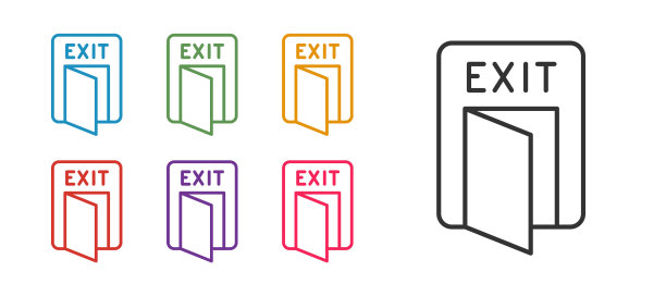 设置线消防出口图标隔离在白色背景上。消防紧急图标。设置图标彩色。向量图片下载