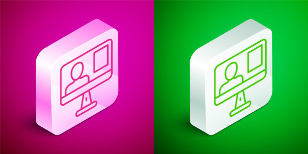 等距线在线类图标隔离在粉红色和绿色背景。在线教育理念。银色方形按钮。向量图片下载