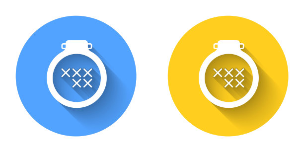 白色圆形可调的刺绣箍图标与长阴影背景隔离。刺绣用的线和针。圆按钮。向量图片下载