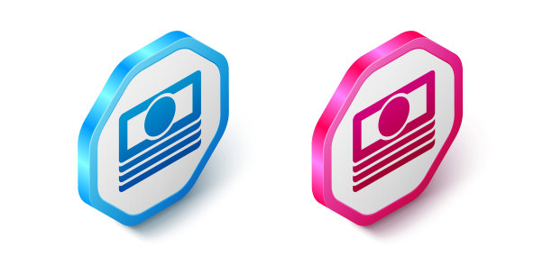 等距堆叠纸币现金图标隔离在白色背景。钞票成堆。比尔的货币。六角按钮。向量图片下载