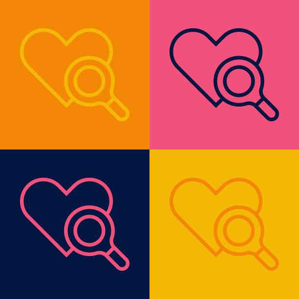 波普艺术线医学心脏检查图标孤立的彩色背景。心脏放大镜搜索。向量图片下载