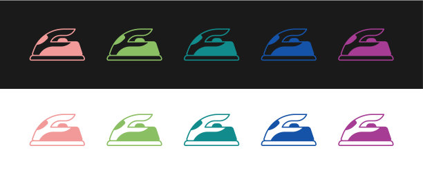 设置电铁图标孤立的黑色和白色的背景。蒸汽熨斗。向量图片下载