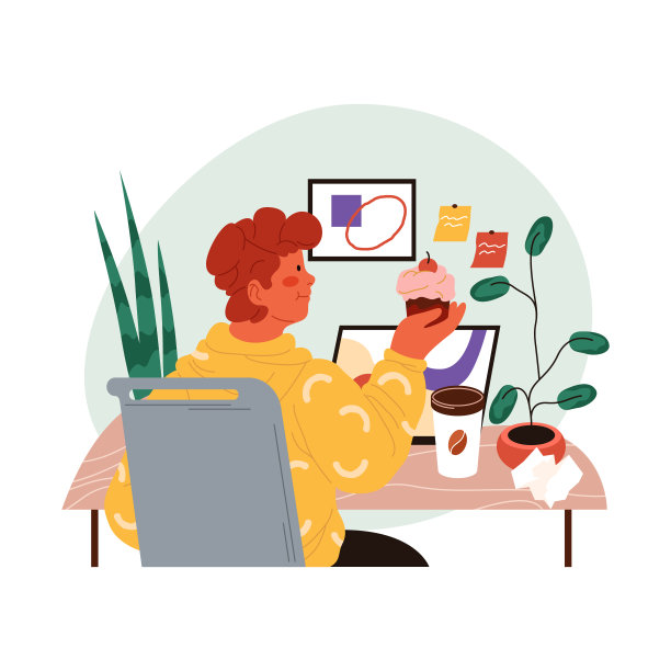 女性在工作休息时吃蛋糕。向量图片下载