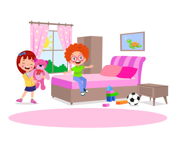 男孩卧室的内部，有一张银行床和一张桌子，平面矢量设计图片下载