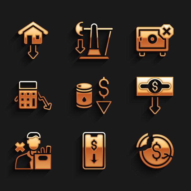 设置原油价格下跌，移动股票交易，美元汇率下跌，员工解雇，费用计算，安全和下跌的房地产价格图标。向量图片下载