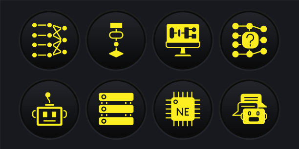 设置人工智能机器人、神经网络、服务器、数据、处理器CPU、算法、聊天和图标。向量图片下载
