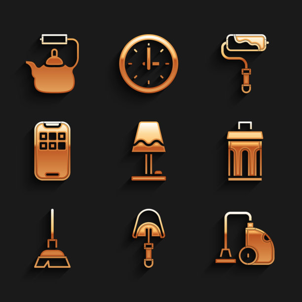 设置台灯，抹刀，吸尘器，垃圾桶，处理扫帚，移动应用程序，油漆滚筒刷和茶壶处理图标。向量图片下载