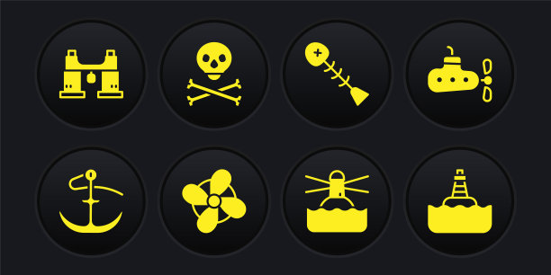 集锚，潜艇，船螺旋桨，灯塔，死鱼，骷髅在交叉骨，浮动浮标和双筒望远镜图标。向量图片下载