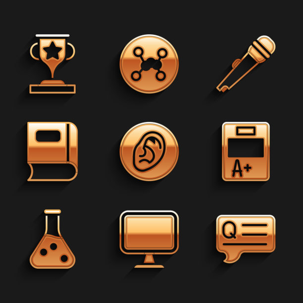 设置耳朵听声音信号，电脑显示器，语音气泡问题，考试表A加分数，试管，书，麦克风和奖杯图标。向量图片下载