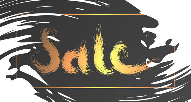 横幅出售。黑色油漆和金色框架，字母销售在白色的背景。概念出售海报，卡片。矢量插图。孤立在白色上。图片下载