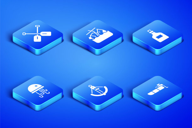 集充气船与马达，桨，锚，水母，下沉游轮和朗姆酒瓶图标。向量图片下载