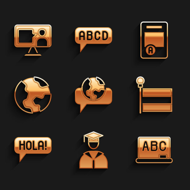 设置学习外语，毕业和毕业帽，黑板，旗帜，Hola不同，地球，考试表与A +成绩和国外在线学习图标。向量图片下载