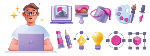 3D设计图标集，矢量自由职业者男性角色与笔记本电脑，创意定制项目灯泡。图片下载