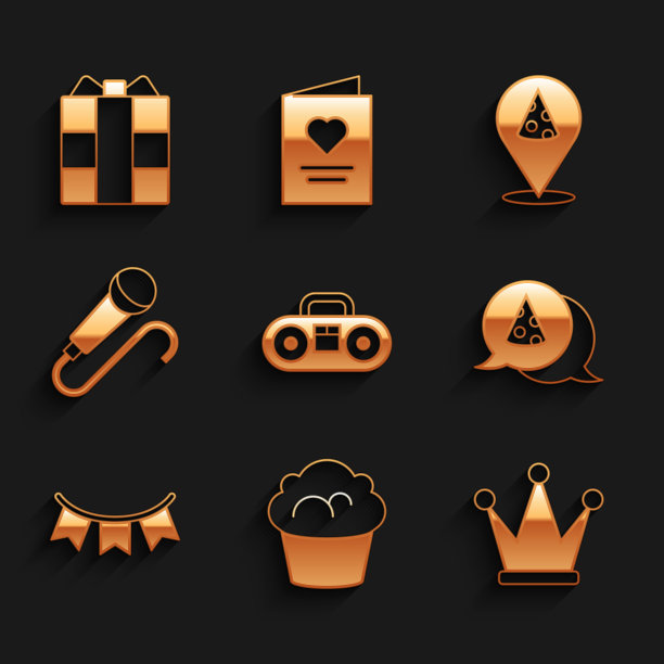 设置家庭立体声与两个扬声器，松饼，皇冠，披萨片，嘉年华花环旗帜，麦克风和礼盒图标。向量图片下载