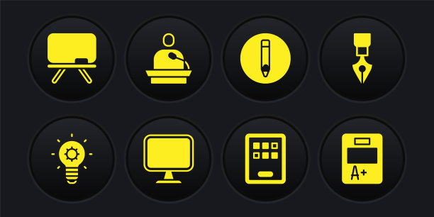 设置灯泡，钢笔笔尖，电脑显示器，图形板，铅笔，讲课，考试表与A +等级和黑板图标。向量图片下载