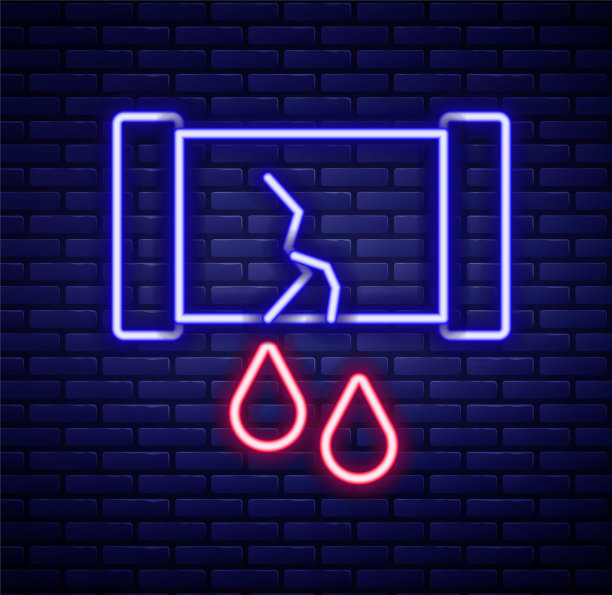 发光的霓虹灯线破裂的油管与阀门图标隔离在砖墙背景。色彩缤纷的轮廓概念。向量图片下载