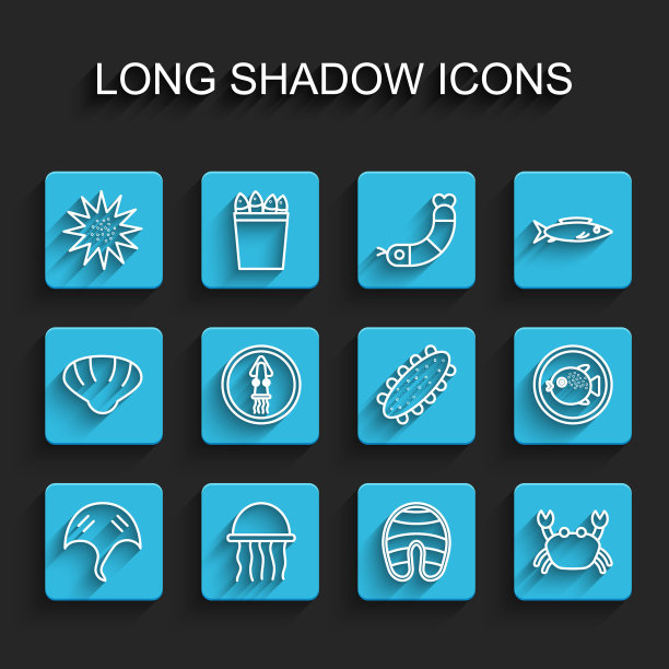 设线黄貂鱼，水母，海胆，鱼牛排，螃蟹，章鱼盘子，河豚和黄瓜图标。向量图片下载