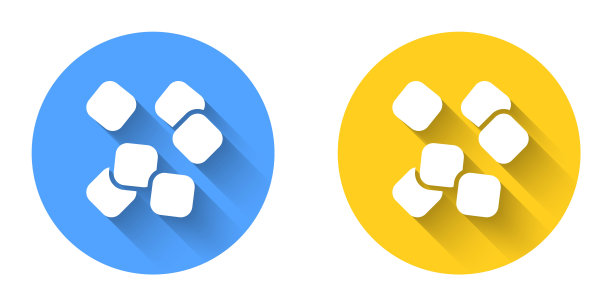 白糖立方体图标隔离与长阴影背景。香甜、营养、可口。精制糖。圆按钮。向量图片下载