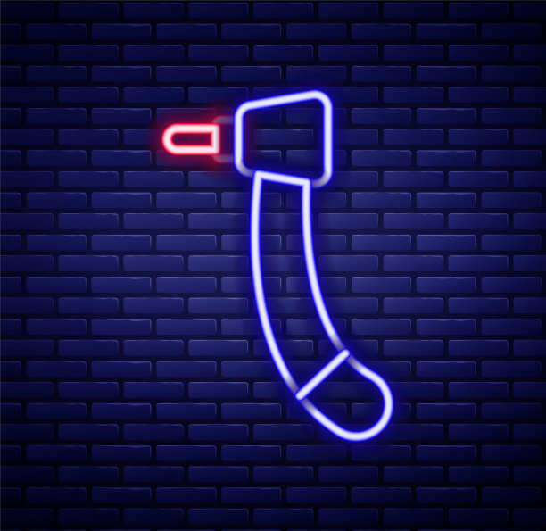 发光的霓虹灯线牙齿钻图标隔离在砖墙背景。用于钻孔和研磨工具的牙科机头。色彩缤纷的轮廓概念。向量图片下载