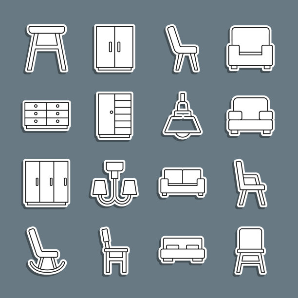 采购产品集线椅子，扶手椅，衣柜，抽屉柜，和吊灯图标。向量图片下载