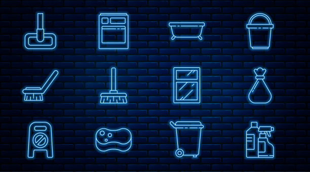 集线瓶清洗剂，垃圾袋，浴缸，处理扫帚，刷子，拖把，清洁服务窗口和厨房洗碗机机器图标。向量图片下载