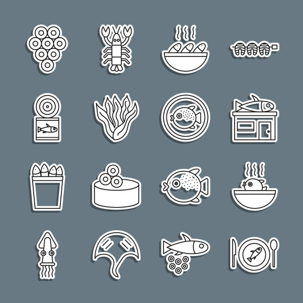 设线在盘子上的鱼，河豚汤，海鲜店，鱼，海藻，罐头，鱼子酱和图标。向量图片下载