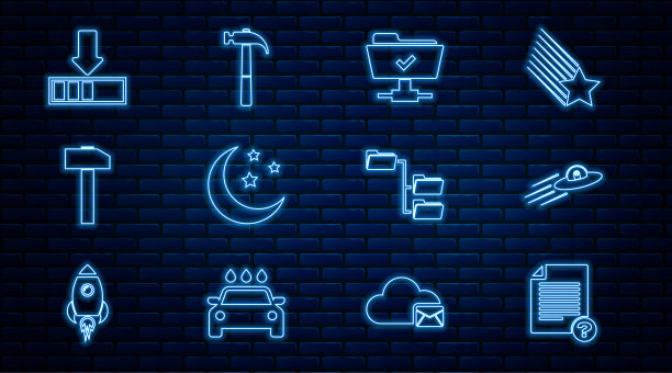 设置线未知文件，UFO飞船和外星人，FTP操作成功，月亮星星，锤子，加载，文件夹树和图标。向量图片下载