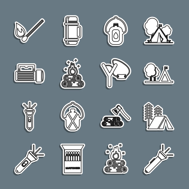 设置线手电筒，旅游帐篷，旗帜，水壶，营火，燃烧火柴和弹弓图标。向量图片下载