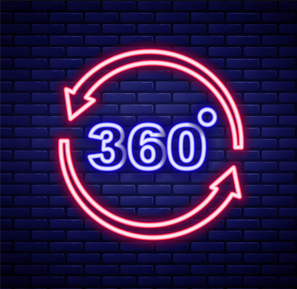 发光的霓虹灯线360度视图图标孤立的砖墙背景。虚拟现实。角度360度摄像头。全景照片。色彩缤纷的轮廓概念。向量图片下载