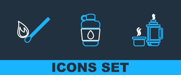 设置线保温瓶容器，燃烧火柴与火和水壶图标。向量图片下载