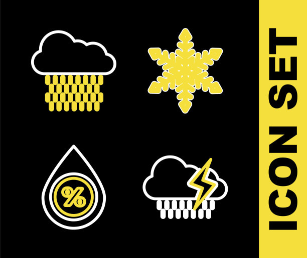 设置线雪花，云与雨和闪电，水滴百分比和图标。向量图片下载