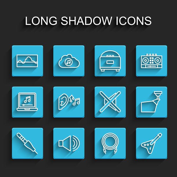 设置线音频插孔，扬声器音量，音乐波均衡器，电低音吉他，耳朵听声音信号，电影聚光灯和静音图标。向量图片下载