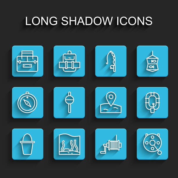 设线钓鱼桶，水族馆，摇摆箱容器，纺线卷轴钓鱼，浮子，充气船和位置图标。向量图片下载